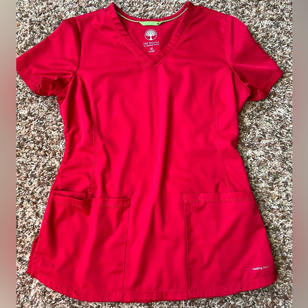 Red Healing Hands Scrub Top